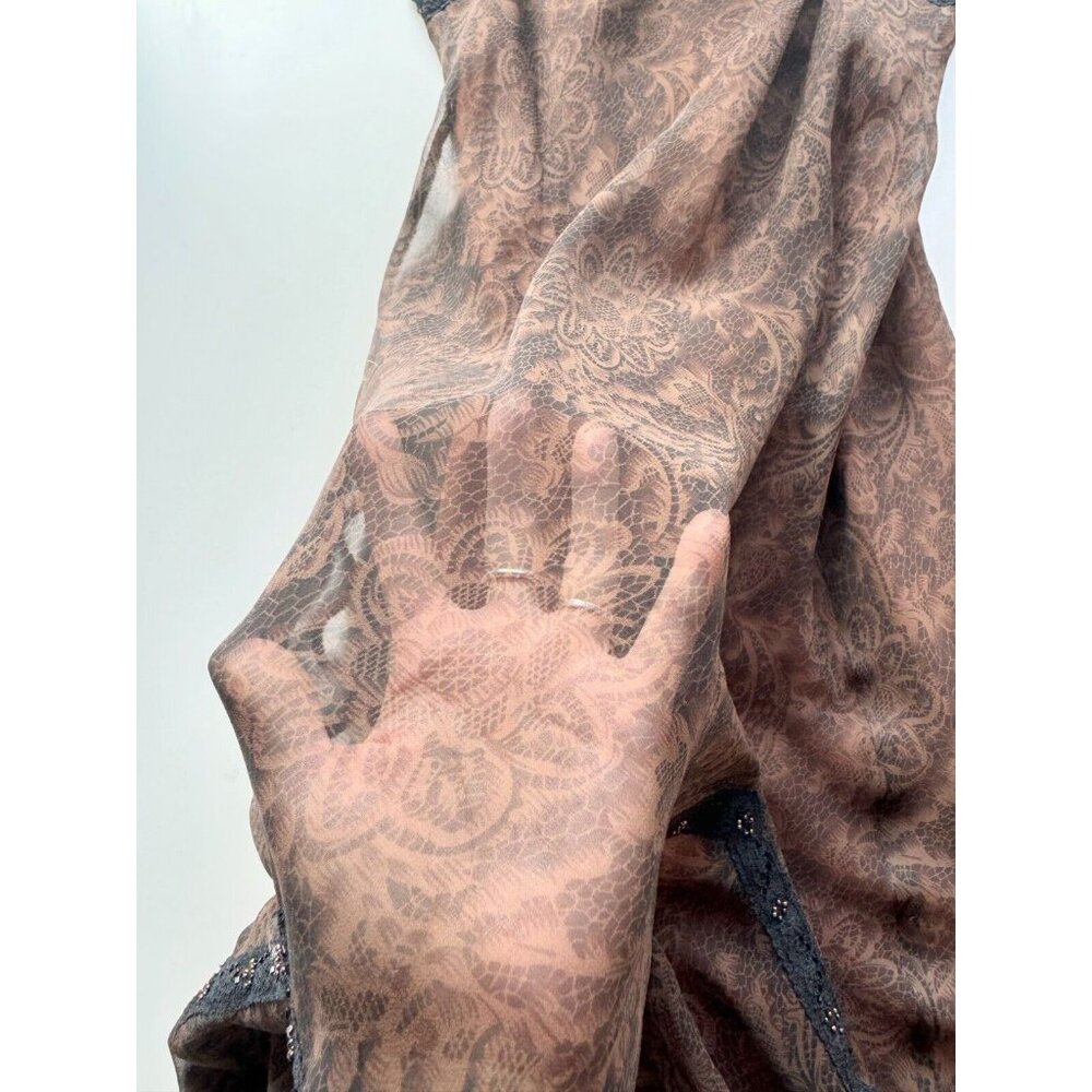 Vintage LAUNDRY BY SHELLI SEGAL Brown Lace Print Silk Beaded Slip Dress, Size 10 - Picture 9 of 12